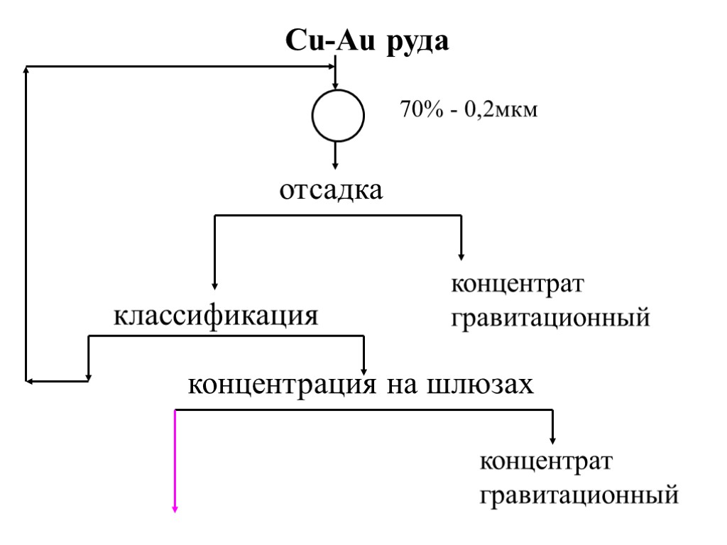 Cu-Au руда 70% - 0,2мкм отсадка концентрат гравитационный классификация концентрация на шлюзах концентрат гравитационный